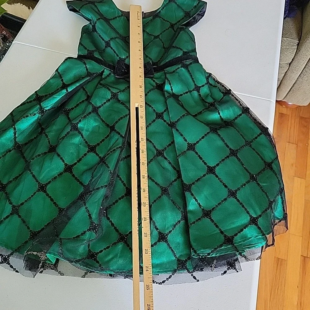Jona Michelle Girls Dress 5 Emerald Green Satin Black Mesh Festive Holiday Party